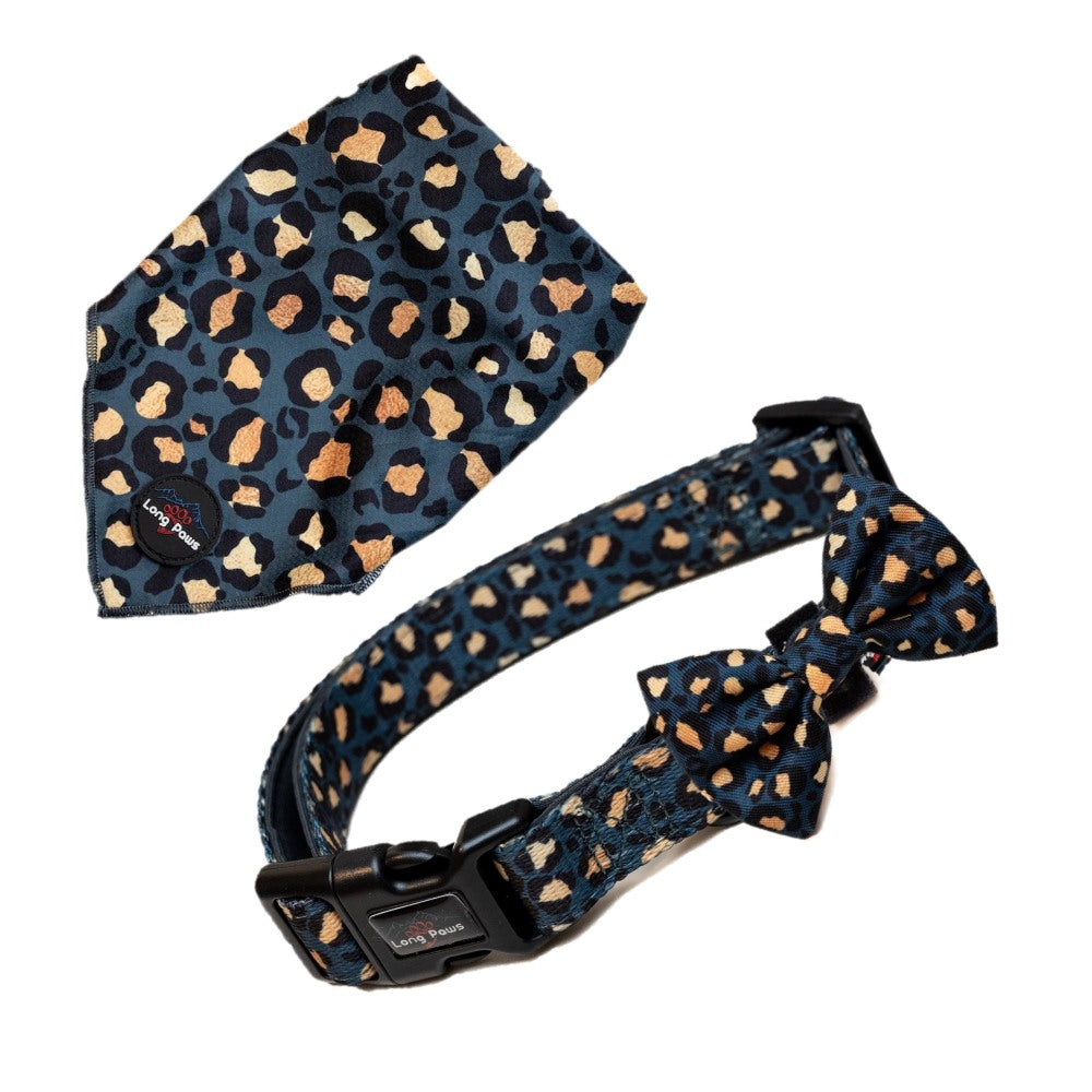 Harleys Companions - Funk the Dog Collar, Bowtie, & Bandana Set | Leopard Green & Gold
