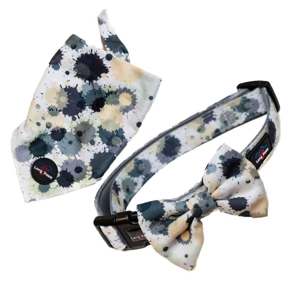 Harleys Companions - Funk the Dog Collar, Bowtie & Bandana Set | Paint Splodge Grey, Green, Yellow & White