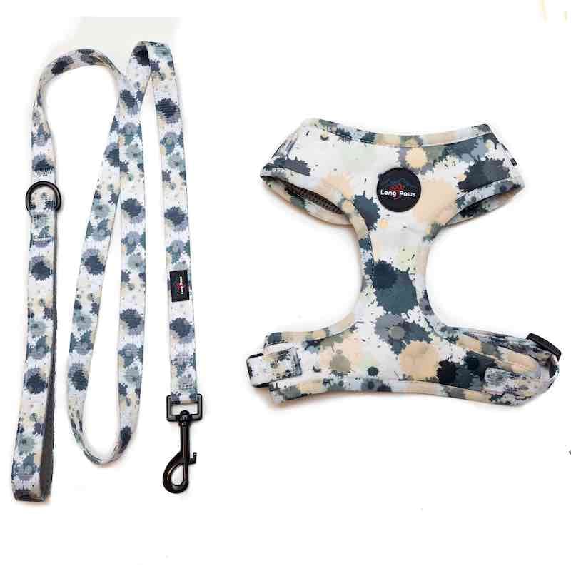 Harleys Companions - Funk the Dog Harness & Lead Set | Paint Splodge Grey, Green, Yellow & White