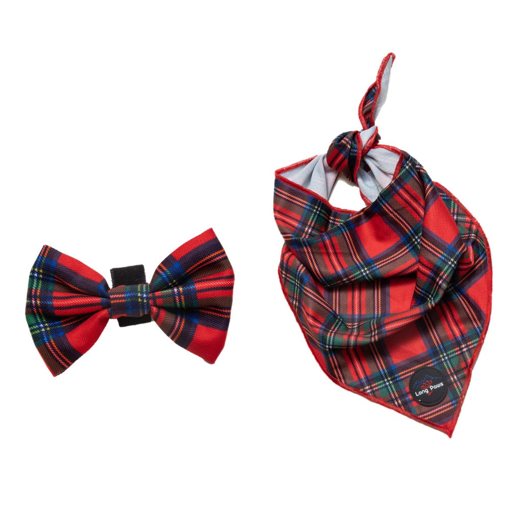 Harleys Companions - Funk The Dog Tartan Bow & Bandana Christmas Set | Red Traditional Tartan