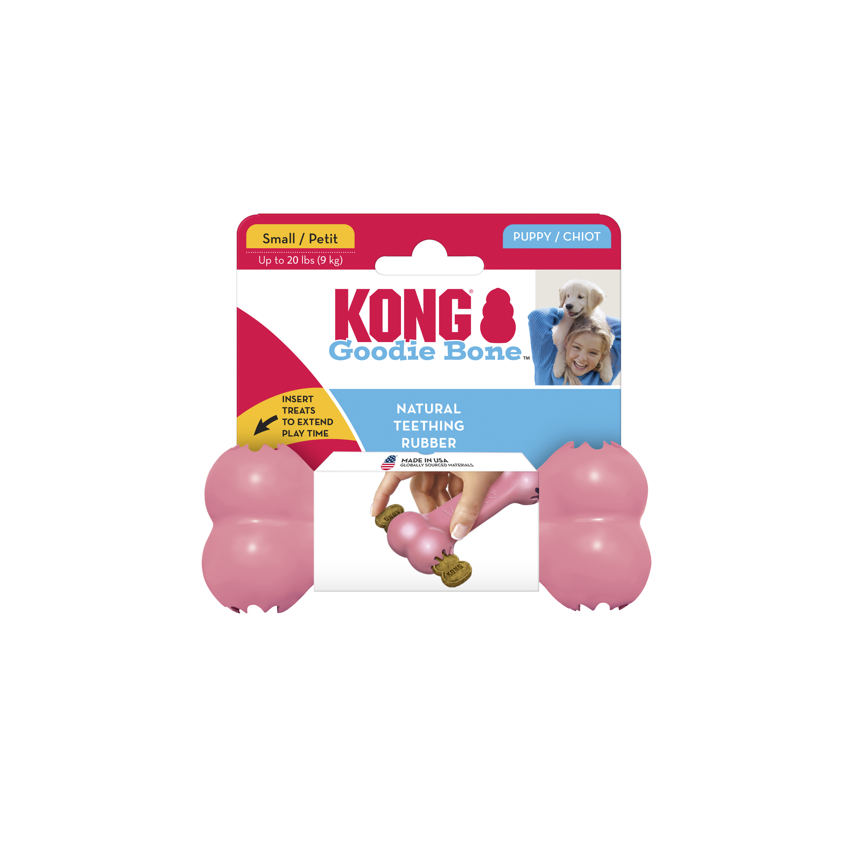 KONG Puppy Goodie Bone with Rope Treat Dispensing Dog Toy - X-Small Blue/Pink