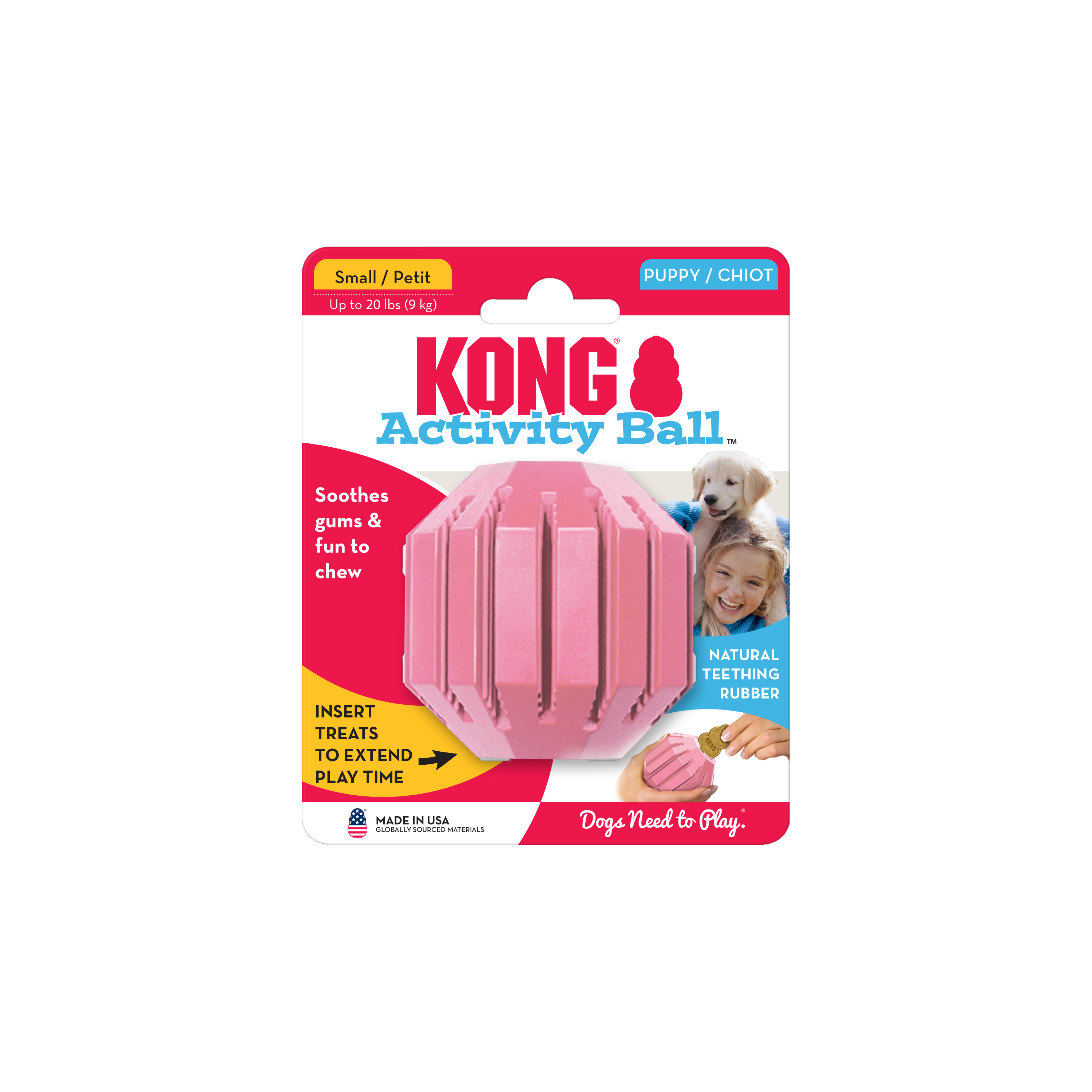KONG Puppy Activity Ball Treat Dispensing Dog Toy - Medium Blue/Pink (7cm)