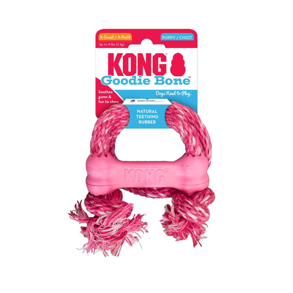 KONG Puppy Goodie Bone with Rope Treat Dispensing Dog Toy - X-Small Blue/Pink