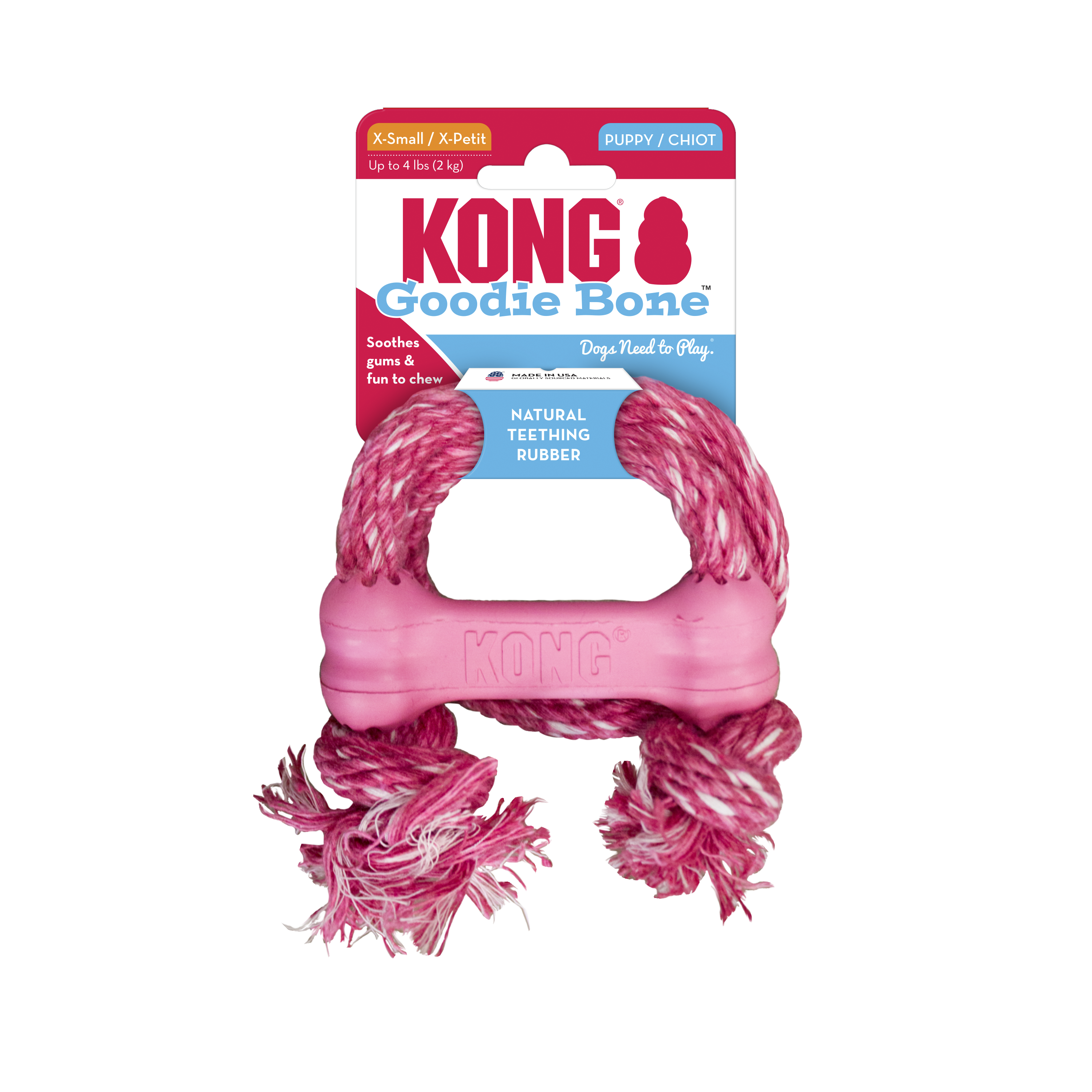 KONG Puppy Goodie Bone with Rope Treat Dispensing Dog Toy - X-Small Blue/Pink