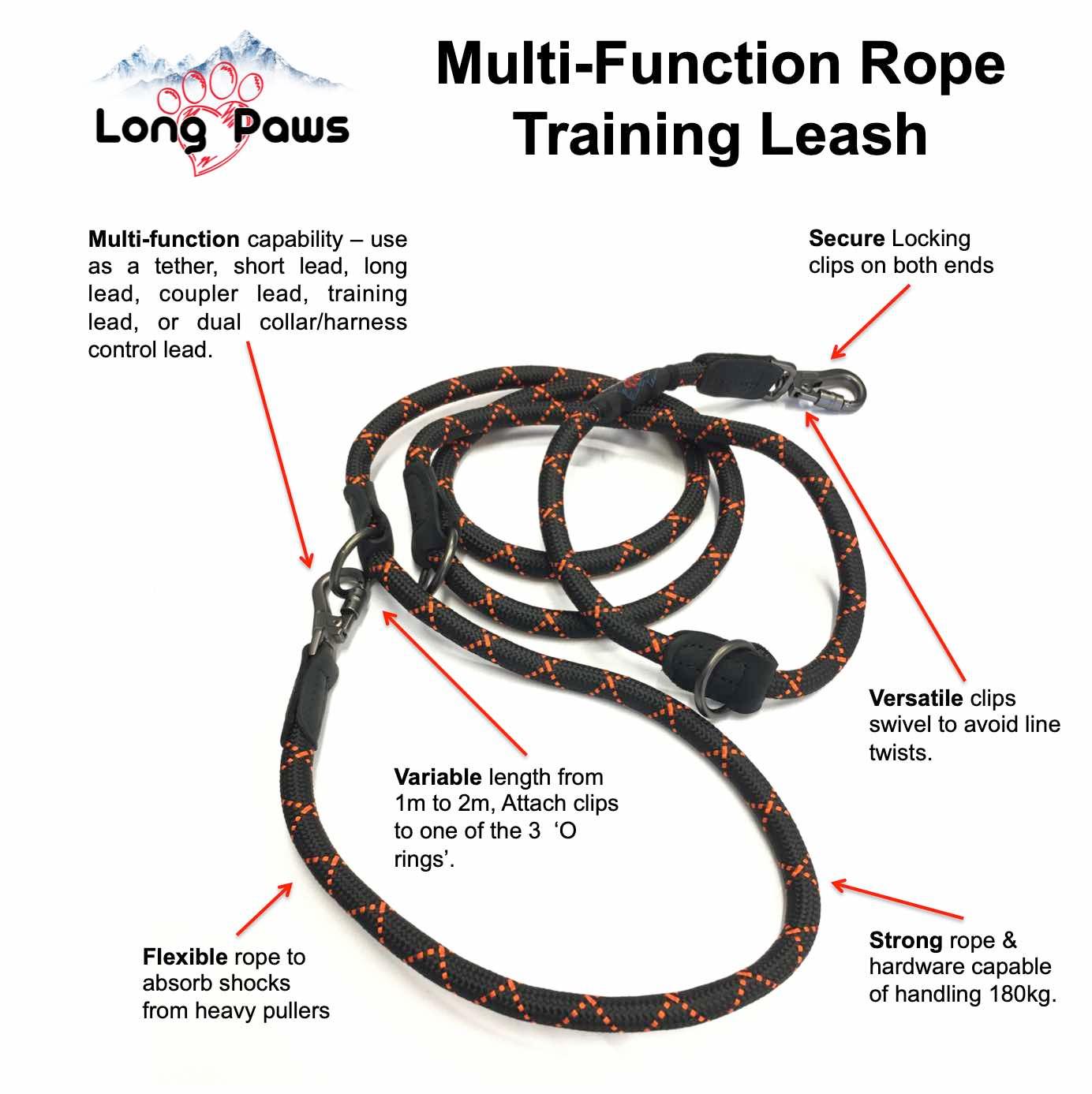 Harleys Companions - Multi-Function Rope Training Lead with Screw Lock Karabiner- Black