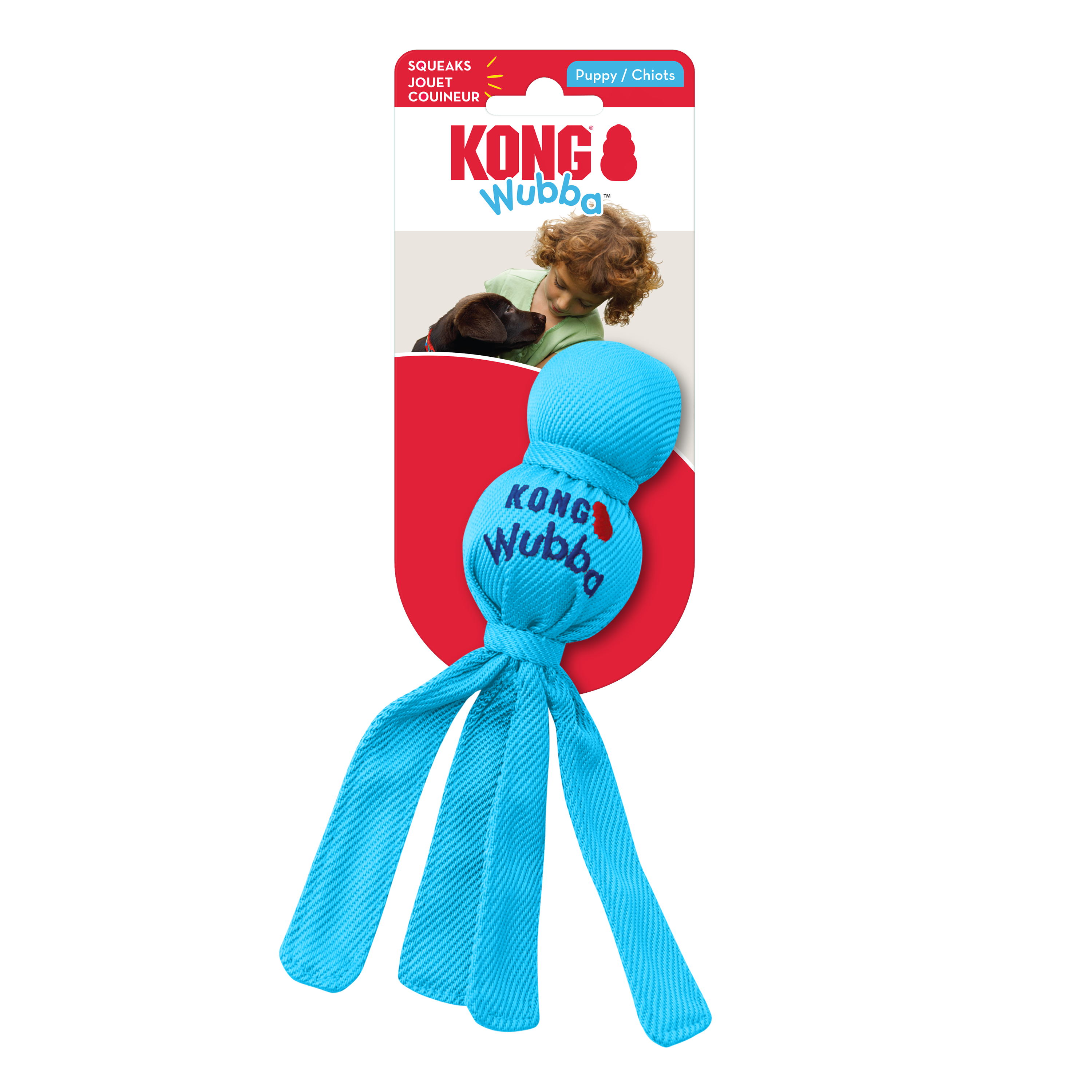 KONG Wubba Puppy Durable Squeaky Tug Dog Toy - Small Blue/Pink (21cm)