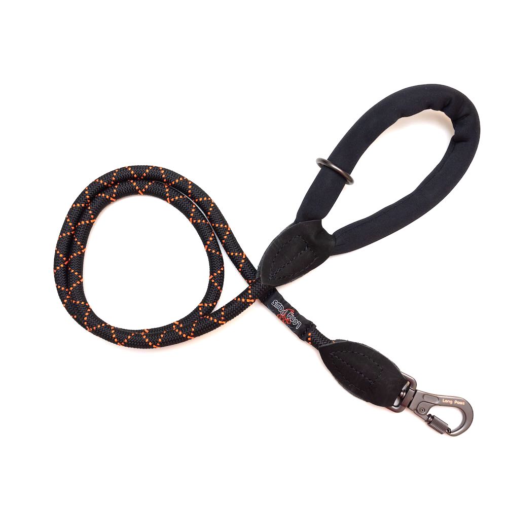 Long Paws, Comfort Rope Lead | Locking Screw Clip (Mark 3) | Black (with Orange Stripes)