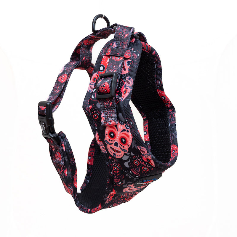 Long Paws, Funk The Dog Harness | Halloween | Day Of The Dead in Red & Pink