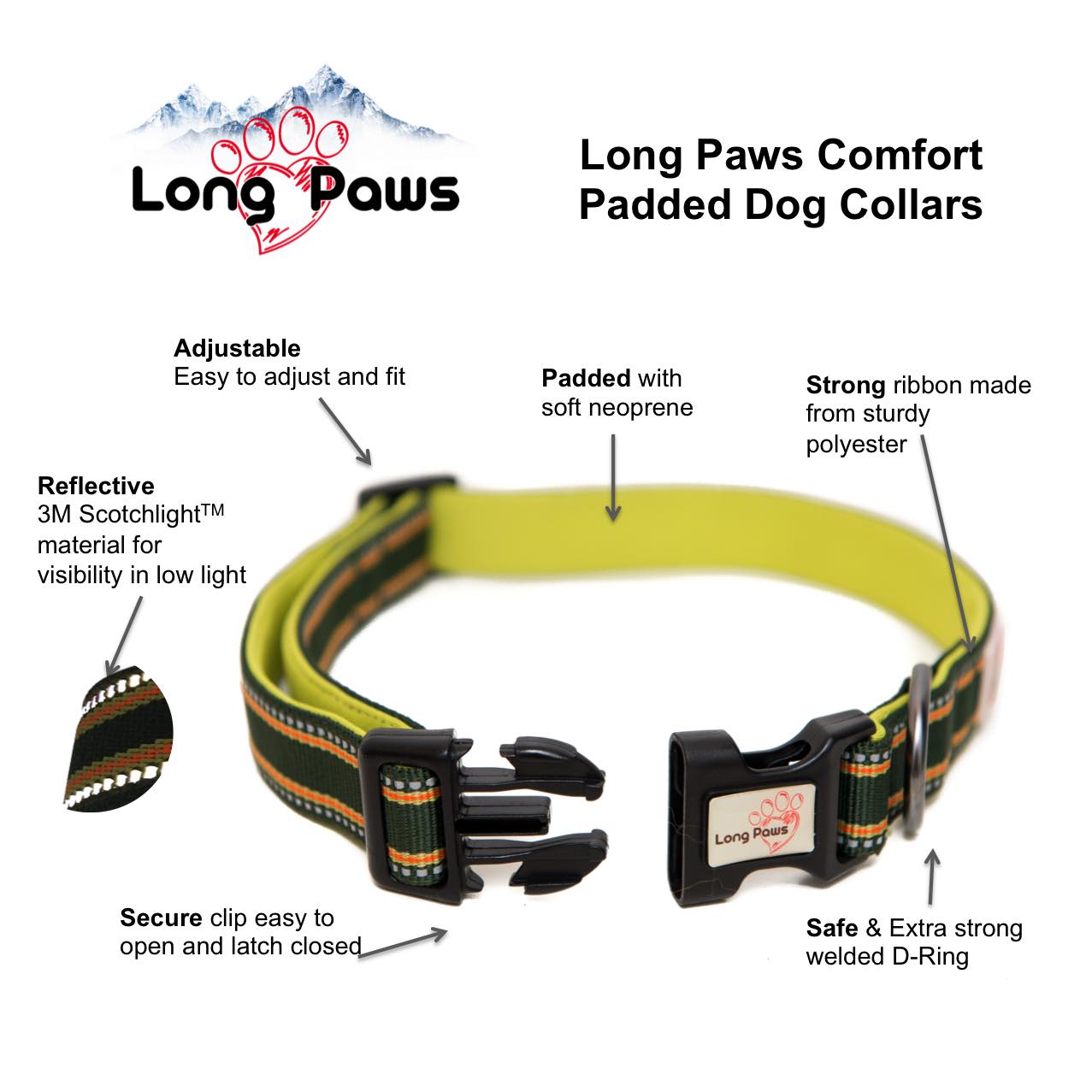 Long Paws, Comfort Dog Collar - Green